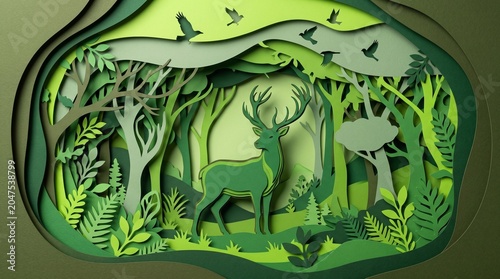Creative Paper Cut Jungle Wildlife Scene with Layered Tropical Forest Illustration