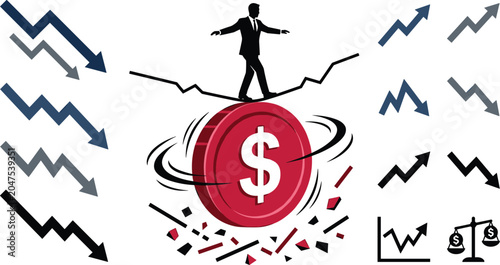Business Risk and Financial Crisis Vector Set with Businessman Tightrope Walking on a Dollar Coin, Market Crash Arrows, and Economic Instability Icons