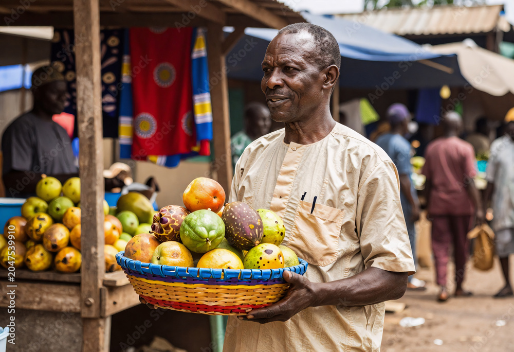 Fototapeta premium African Market Vendor Holding Exotic Fruit Basket in Lagos