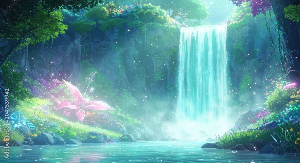 Naklejka premium A serene waterfall cascades down a lush green cliff surrounded by vibrant flowers and trees in a tranquil natural landscape.