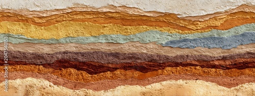 Luxury eco background showing colorful layers of rammed earth and natural clay textures, architectural sustainability concept, warm organic palette