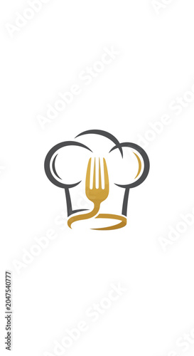 Golden fork in minimalist chef hat cooking logo design