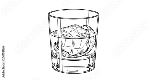 Old fashioned cocktail drink with ice and orange peel illustration