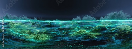 Panoramic eco background featuring glowing bioluminescent algae flowing through crystal clear water, futuristic sustainability aesthetic, vibrant