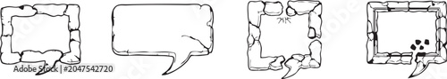 Stone Age Speech Bubble Icon Set with Hand Drawn Cracked Rock Frame and Ancient Chat Box Vectors