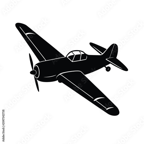 Vintage Propeller Aircraft Soaring in Monochrome Flight Illustration