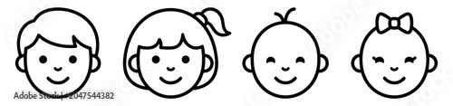 Fotografie Cute cartoon children faces icons including boy, girl, baby boy, and baby girl w