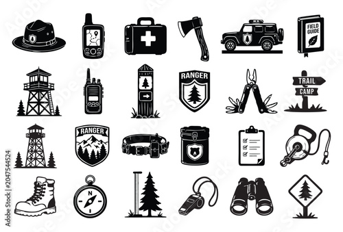 Foto black and white icon silhouette Forest Ranger Tools Equipment Sets
