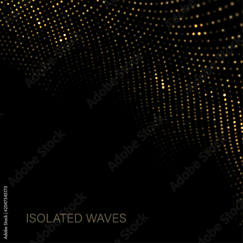 Isolated gold wavy pattern with glitter on a black background.