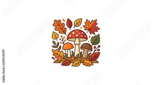 Bild auf Leinwand Autumn Mushroom Forest: Fly Agaric, Leaves, Woodland Nature Illustration