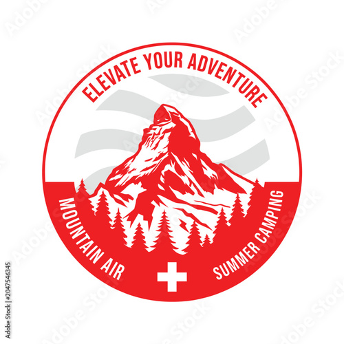 Flat vector Swiss Mountain Adventure Round Badge Emblem with Matterhorn Peak