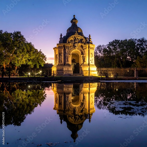 A serene evening scene of a majestic building with a dome roof reflected in a calm body of water