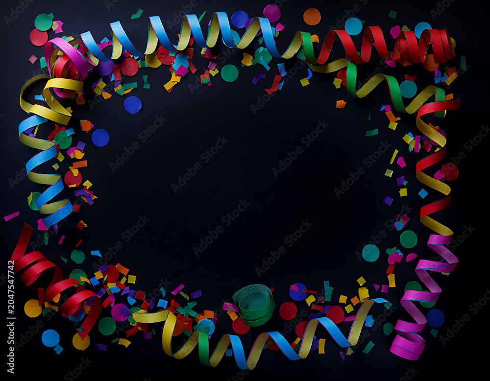 Obraz premium Vibrant explosion of colorful confetti and curled streamers creating a festive frame on a dark background, perfect for birthday party invitations, holiday greetings, and event announcements