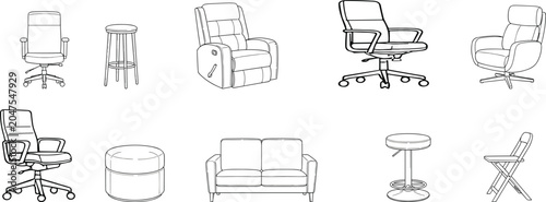 Tableau sur toile Furniture line art collection with chairs stools sofa and recliner isolated on w