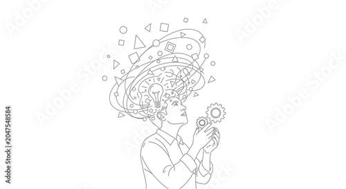 Fotografie Man developing innovative ideas holding gears and lightbulb