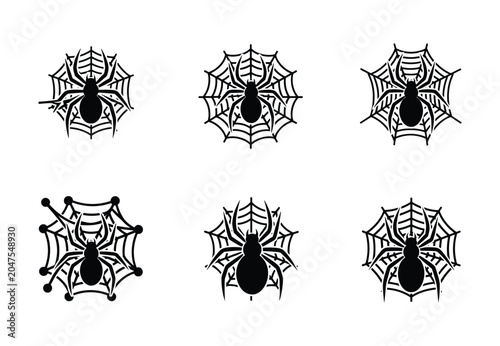 Bild auf Leinwand Spider and web silhouette vector icon set for arachnophobia horror branding and