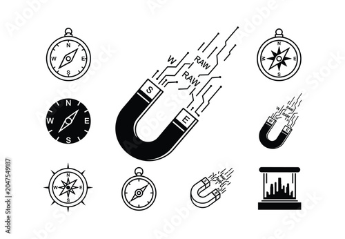Fotografia Collection of navigational compass icons and magnet symbols with circuit board d