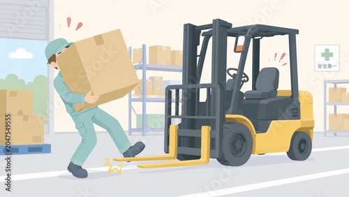 フォークリフトのフォークにつまずき転倒しそうになる男性作業員の職場事故のイラスト