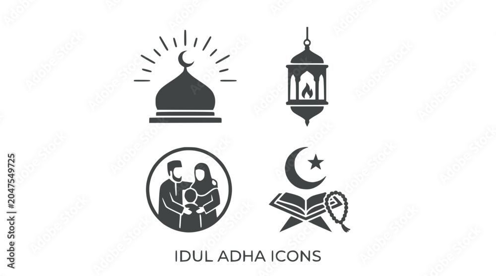 Fototapeta premium Eid Al Adha Icons: Mosque, Lantern, Family, Quran, Prayer Beads - Islamic Holiday Symbols