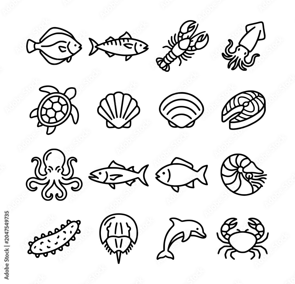 Obraz premium Collection of Outline Marine Life and Seafood Icons Featuring Fish, Octopus, Turtle, and Crab