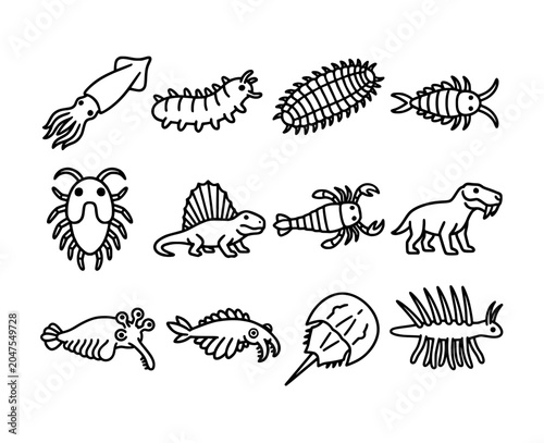 Foto Collection of Black and White Line Art Prehistoric Animal Icons Featuring Extinc