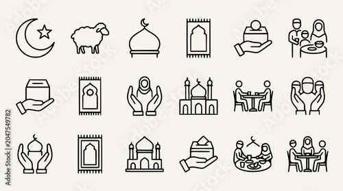 Foto Islamic Icons Set: Crescent Moon, Mosque, Prayer Mat, Charity, Family, Sheep, Wo