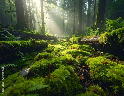 A serene forest floor covered in lush green moss and ferns