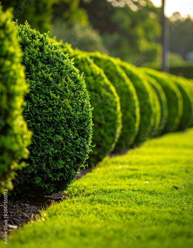 A serene garden scene with a row of neatly trimmed hedges