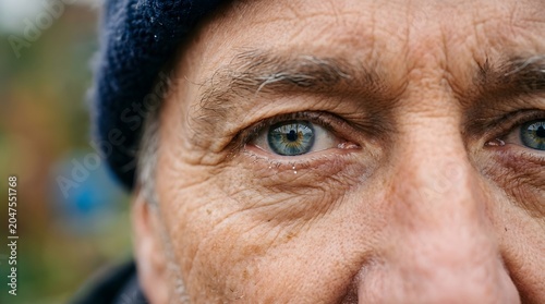 Close up portrait of senior man's face with striking blue green eyes showcasing weathered skin and detailed texture