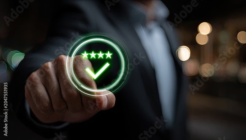 Hand presses glowing green checkmark surrounded by stars, representing high satisfaction