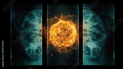 Three panel cosmic network nebula, glowing star cluster in center