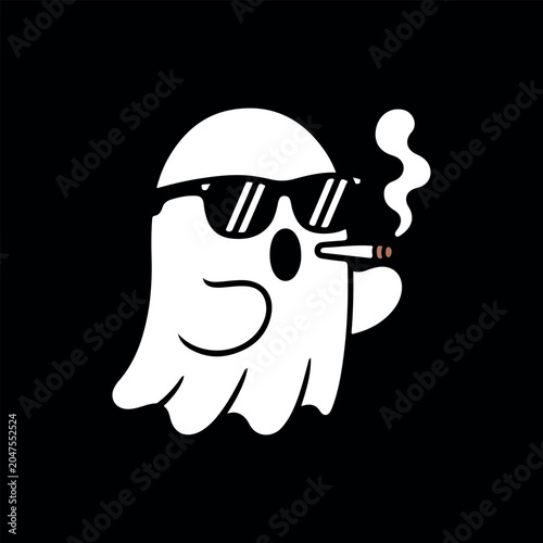 Minimalist ghost wearing sunglasses smoking a cigarette vector illustration on a black background. Black and white minimalist vector line art of a cool ghost smoking a cigarette. 