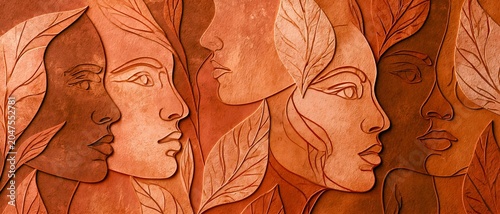 Earth-toned faces in profile, surrounded by leaf motifs. 64k 8k widescreen, HDR,