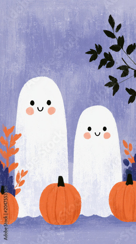cute ghosts, pumpkins and neon lights, modern playful aesthetic