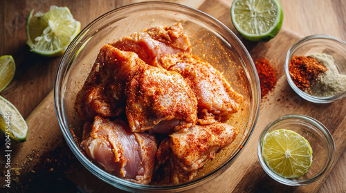 Raw chicken thighs seasoned with spices in a glass bowl with lime wedges