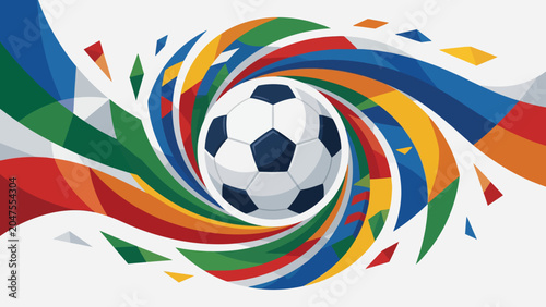 Vector icon of a soccer ball surrounded by abstract international flag ribbons