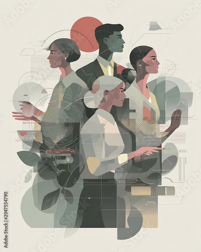 Abstract editorial illustration of a professional team in muted tones with geometric overlays