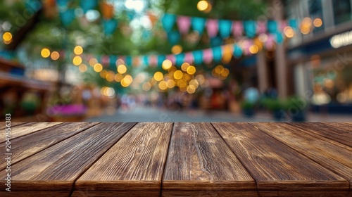 Wooden table in front of a blurred festive street fair