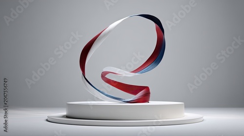 Abstract red, white, and blue ribbon sculpture on white pedestal
