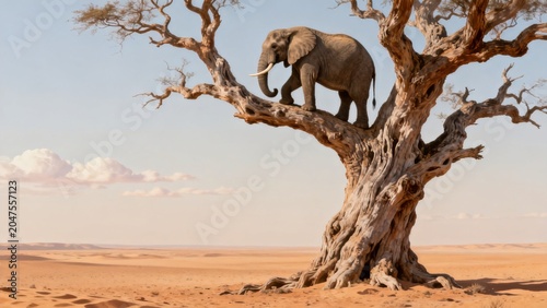 Elephant perched on tree in desert
