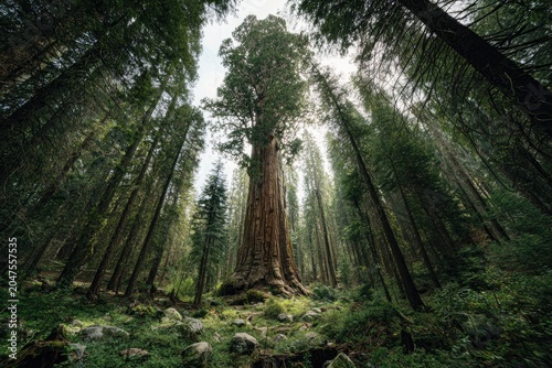 Towering ancient tree stands tall amidst a dense forest canopy