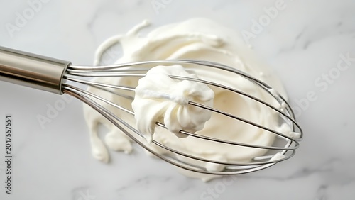 Stainless steel whisk with whipped cream on kitchen counter, top-down view.