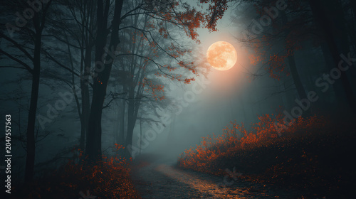Spooky forest path orange fog full moon night mist autumn tree dark woodland trail glowing moonlight eerie atmosphere quiet