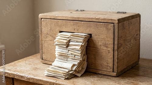 Old Wooden Index Card Box Overflowing With Stacked Paper Cards, Information Overload and Archive Concept
