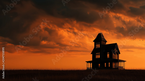 Haunted house silhouette sunset sky spooky dark scene with old wooden building on field under orange cloud, eerie mood