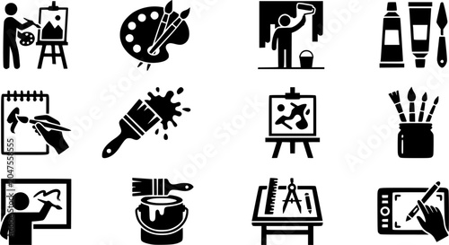 Artist drawing silhouette icon set, flat black glyph style, pure white background