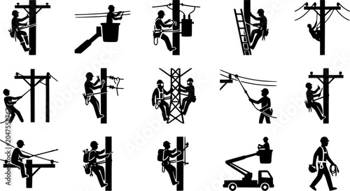 Lineman silhouette icon set, flat black glyph style, pure white background