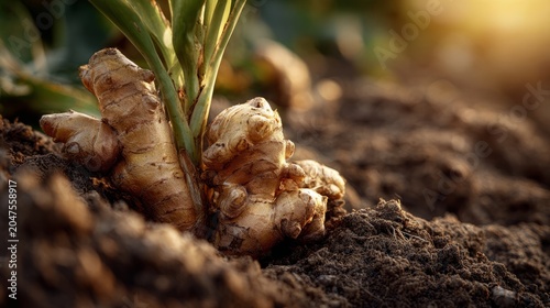 Fresh ginger root freshly harvested from garden soil in warm sunlight showing organic culinary herb close-up with earthy texture and natural farming concept for healthy eating and herbal ingredients