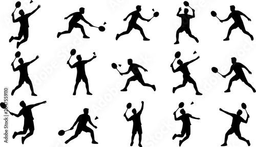 Badminton players silhouette icon set, flat black glyph style, pure white background