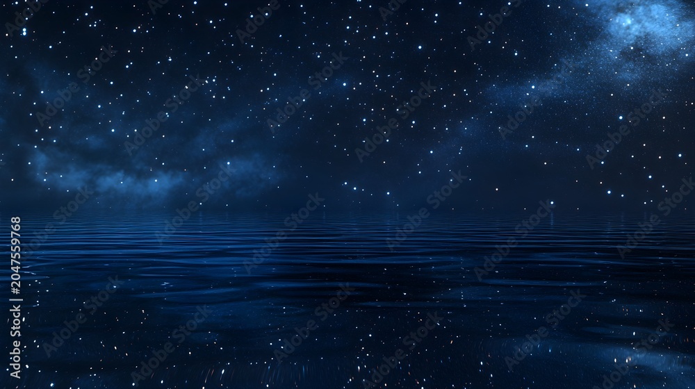Fototapeta premium Starry night sky reflected on calm water space stars